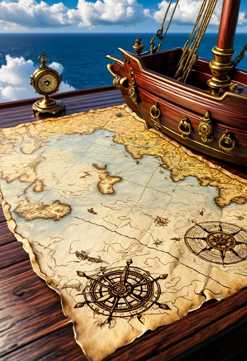 Image of a treasure map , pirates map , map is kept on the top of table of a ship , sea background , birght light , day time , white clouds