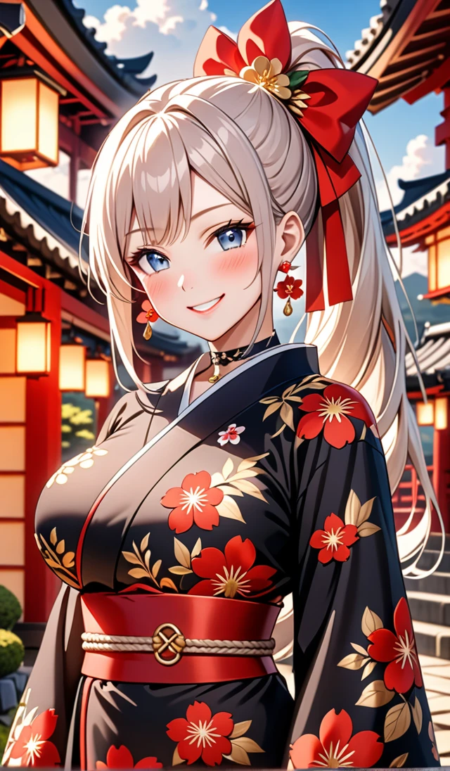 ultra-detailed, ((one girl)), hyper detailed, absurdres, 8K,Cute face, (Laugh shyly), ((teasing smile:1.8)), ((Wink:1.8)), (Laugh with your mouth wide open:1.3),(Tilt your head:1.3), View your viewers, ((Bright red cheeks:1.6)),Glossy Red Lips, ((Big Breasts:1.5)) night, Shrines in the countryside, (Brighten your face), ((Anime style background)),masterpiece, Highest quality, so beautiful,Latest, Complex details, (Pink long nails), (nail art), (ring),(bracelet), (Floral Choker),AI-generated, Complex,High resolution, Highest quality, super high quality,3D Images、3D Images,One person,Long white hair,(High Ponytail), Anime woman posing for a photo, ((White-blue eyes:1.1)), ((Fine grain、Grey Eyes、glowing eyes:1.4)), (Squint your eyes:1.1),a hyperRealistic , hyperRealistic , Realistic,Anime woman with long white hair, Smooth anime CG art, With gold embroidery、A girl in a gorgeous kimono, ((Black long sleeve kimono:1.3)),(Red large floral pattern) ,Long flower hair ornament,Floral Earrings,Mature Body, expensive,Abdominal muscles,Tight waist,((Zoom in on face:2.1)),(front view),