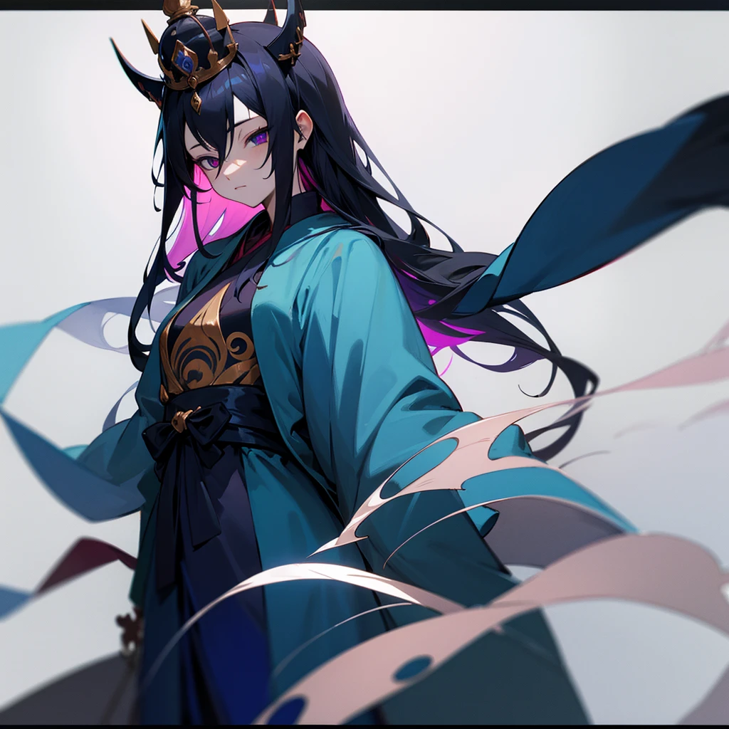 Blue robes, darkness, shakujo, long black hair, bodhisattva crown, heterochromatic eyes, tattoo