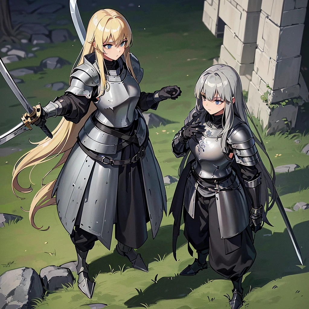 Best illustrations、Best Quality、(Full body character concept、detailed)、(((Simple grey armor、Black trousers、Black gloves、woman、18-year-old、Blonde、Long Hair)))、(((Grab the sword、Get Ready)))、(10 medieval knights)、(From above at an angle)、(Swamp、毒のSwamp)
