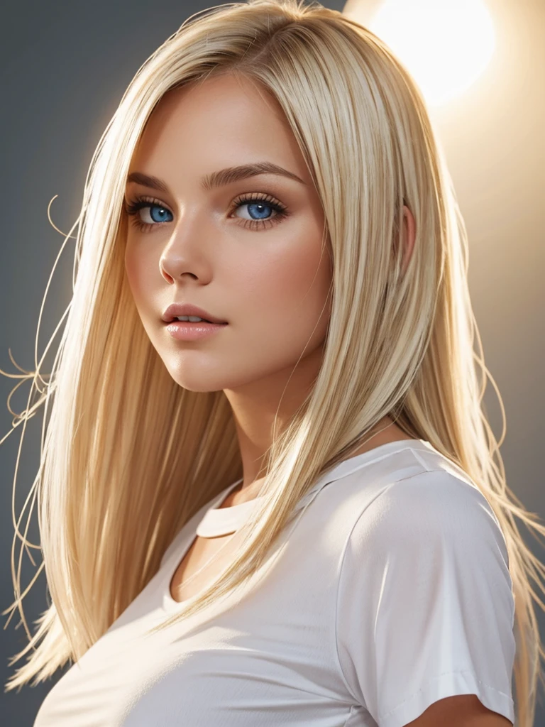 1 female, American, Beautiful white skin, Long dark blonde hair, She is wearing a white short-sleeved top, Clear focus, Dynamic sexy pose, Round side face,Clear focus, High Detail, Perfect lighting, Solid color background, Bright Lights