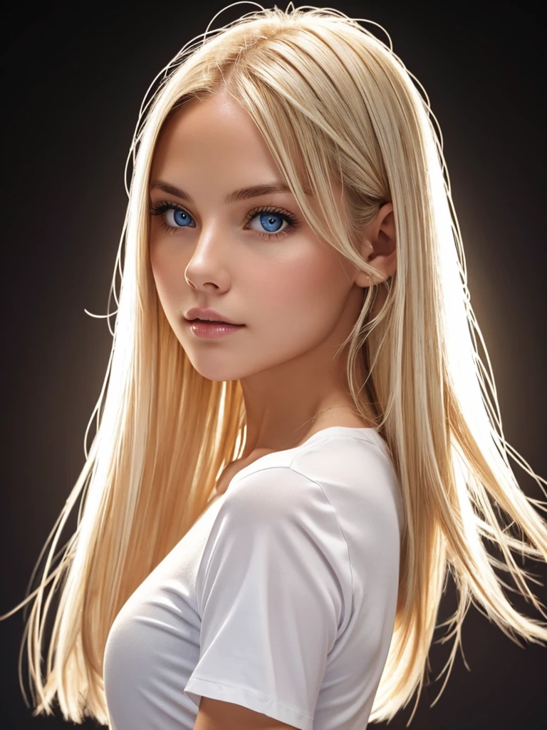 1 female, American, Beautiful white skin, Long dark blonde hair, She is wearing a white short-sleeved top, Clear focus, Dynamic sexy pose, Round side face,Clear focus, High Detail, Perfect lighting, Solid color background, Bright Lights