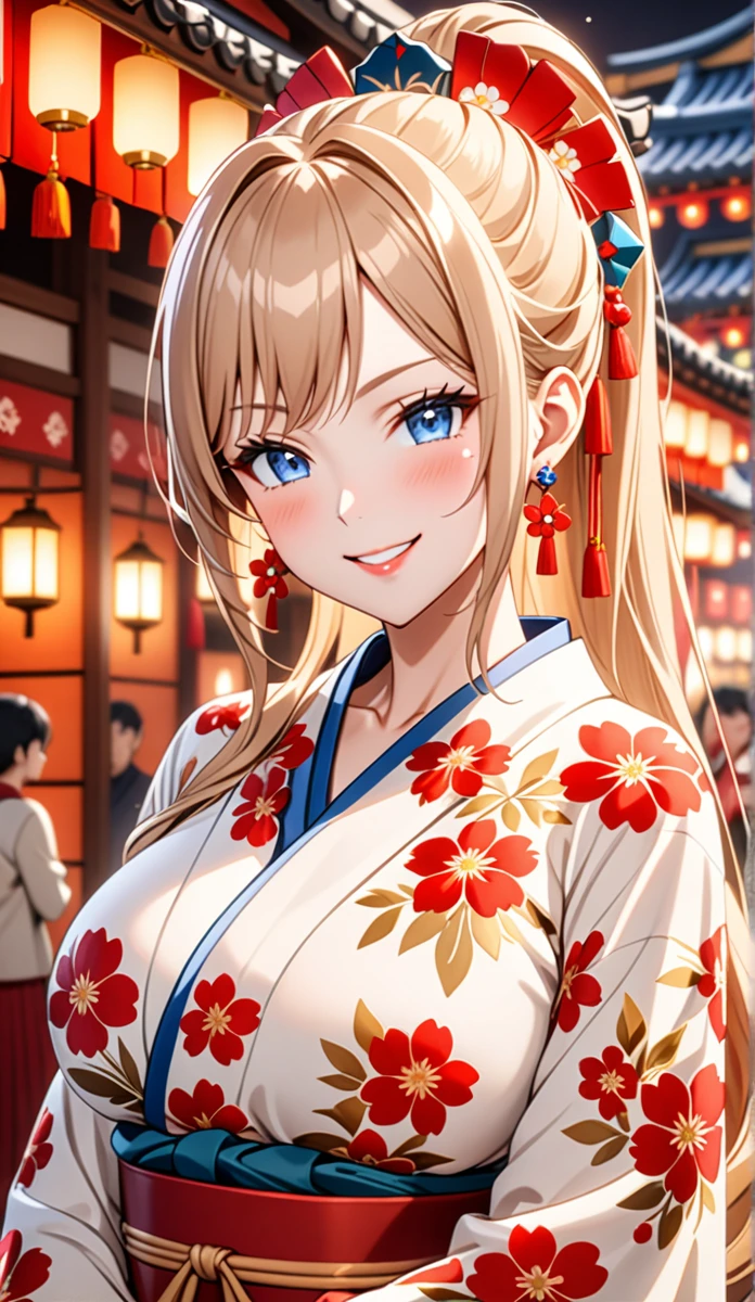ultra-detailed, ((one girl)), hyper detailed, absurdres, 8K, Beautiful Face, (Laugh shyly), ((teasing smile:1.8)), ((Wink:2.0)), (Laugh with your mouth wide open),(Tilt your head:1.3), View your viewers, ((Bright red cheeks:1.6)),Glossy Red Lips, ((Big Breasts:1.5)) night, Shrine festival stalls, (Brighten your face), ((Anime style background)),masterpiece, Highest quality, so beautiful,Latest, Complex details, (Pink long nails), (nail art), (ring),(bracelet), (Floral Choker),AI-generated, Complex,High resolution, Highest quality, super high quality,3D Images、3D Images,One person,Blonde long hair,(High Ponytail), (Wavy Hair), Anime woman posing for a photo, ((Fine grain、blue eyes、glistening eyes:1.5)), (Squint your eyes:1.1),a hyperRealistic , hyperRealistic , Realistic,Long blonde anime woman, Smooth anime CG art, Pink large floral patternの刺繍が入った、A girl in a gorgeous kimono, ((White long-sleeved kimono)),(Pink large floral pattern) ,Long flower hair ornament,Floral Earrings,Mature Body, tall,Abdominal muscles,Tight waist,((Zoom in on face:2.1)), (front view),