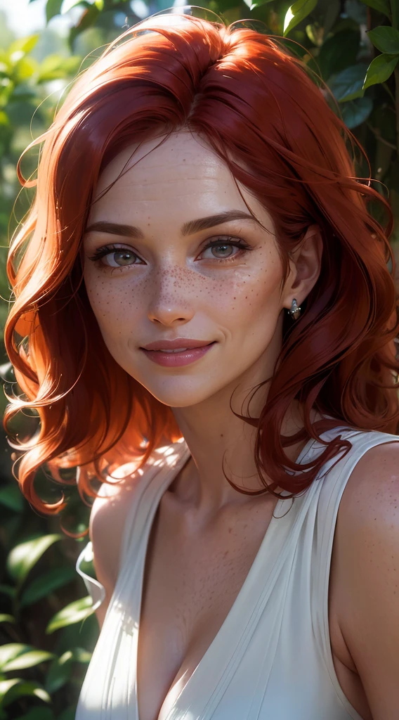 (Detailed face features:1.3), (((1mature woman))), standing wearing a long dress, (close-up photo, face picture), (happyness, face photo, 16k, masterpiece, best quality: 1.2), (high detailed skin), (curly red hair), (smiling, freckles, red eyes, detailed lips)), slim, automatic white balance, (ultra realism, hyper detailed and intricate realism: 1.3), (wide depth of field, radiant mapping: 1.2), High dynamic range, vivid, rich details, clear shadows and highlights, realistic, intense, enhanced contrast, clear outdoor,