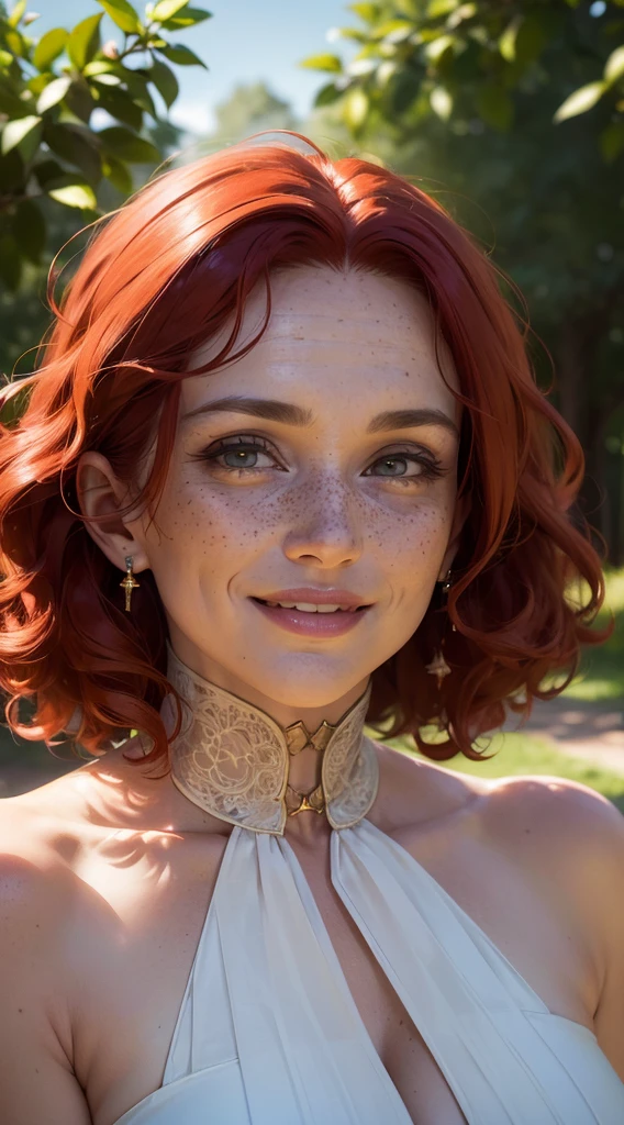 (Detailed face features:1.3), (((1mature woman))), standing wearing a long dress, (close-up photo, face picture), (happyness, face photo, 16k, masterpiece, best quality: 1.2), (high detailed skin), (curly red hair), (smiling, freckles, red eyes, detailed lips)), slim, automatic white balance, (ultra realism, hyper detailed and intricate realism: 1.3), (wide depth of field, radiant mapping: 1.2), High dynamic range, vivid, rich details, clear shadows and highlights, realistic, intense, enhanced contrast, clear outdoor,