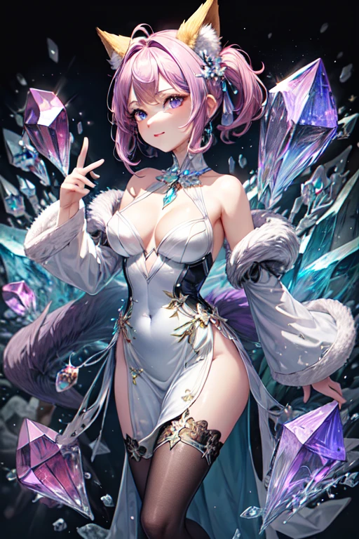 ((best quality)), ((masterpiece)), (detailed), purple and grey color fox, purple and grey color crystal fur, crystal shaped tail, large crystal on its head