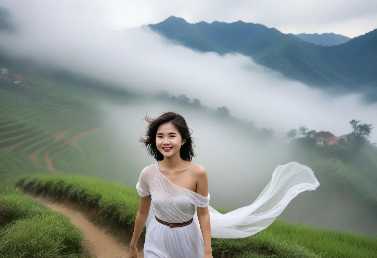 Beautiful Korean Woman, Chest size 34 inches, Wearing luxury brand sleeveless and casual pants, Foggy scenery of Sapa, Vietnam, I can see the trail, Short and medium hair blowing in the wind, Taken from a distance with a wide angle lens, Realistic living landscape, Front photo facing the camera, best picture quality, Short medium hair blowing in the wind, smile brightly, A thick fog obscures the front, Standing on a very narrow mountain path, Slightly medium hair blowing in the wind, Wearing a luxury brand white dress, hair blowing in the wind