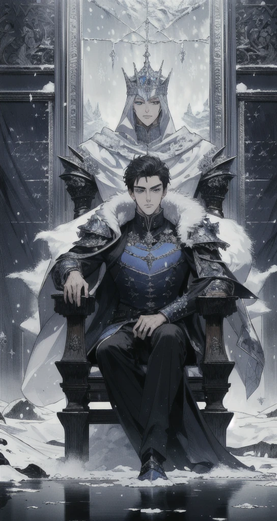 ((Masterpiece)),((best quality)),((Highly detailed)),((realistic,)) Very detailed), (Masterpiece), (best quality), (วอลล์เปเปอร์ 8k ที่มีรายVery detailed),Masterpiece,best quality,มีรายVery detailed,complicated,1 man,handsome faceสมบูรณ์แบบ,muscular man,detailed face,mischievous face,blue eyes,reflection of the eyes,look at viewer,Manly,short hair|Black hair, black prince outfit,(Shining Crystal Throne),dynamic poses,Dramatic angle,movie light,surrounded by snow, Masterpiece,Very detailed,Sitting on a white ice throne, (white throne), Fantasy, Realistic photos, hyperrealism, Highly detailed, movie light, man wearing black armor,long black fur shawl,black veil,black veil,Face details, sharp details,black slender eyebrows,handsome face, short hairสีดำ, blue eyes,have muscles, handsome faceเหลา, Sit on the throne., white ice power, snow power, The surrounding white snow scene