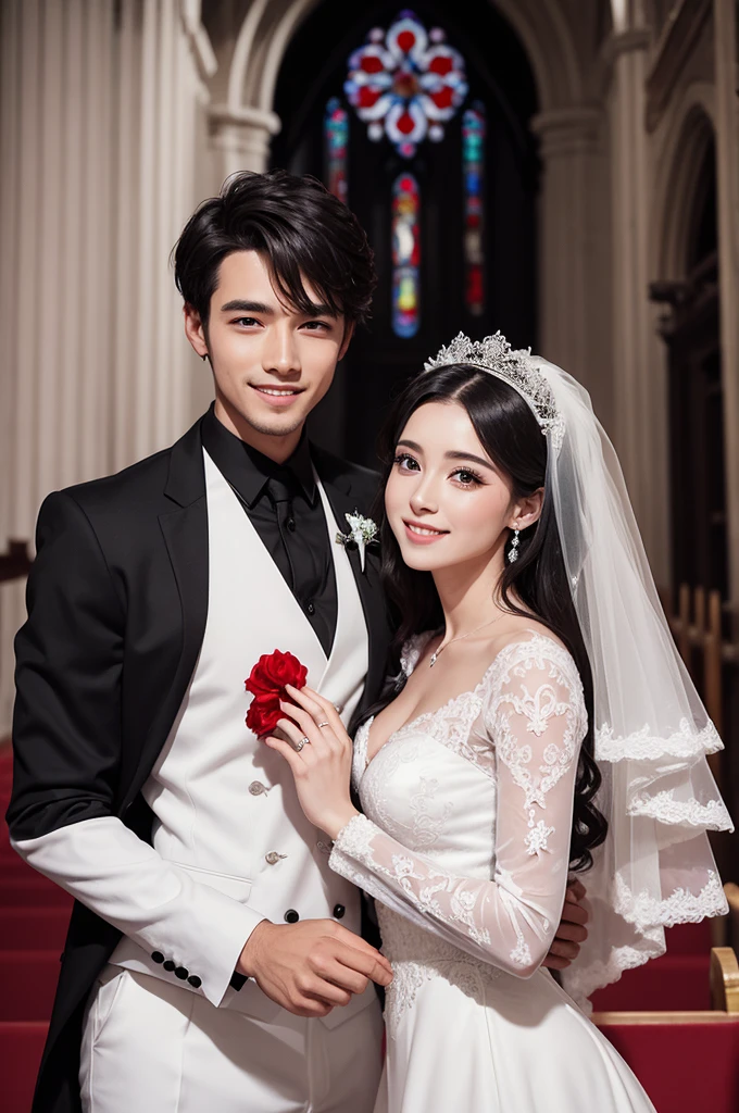 a man in a black suit holding the hand of a woman (eye red) in a white wedding outfit in a church, smiling, perfect features perfect face