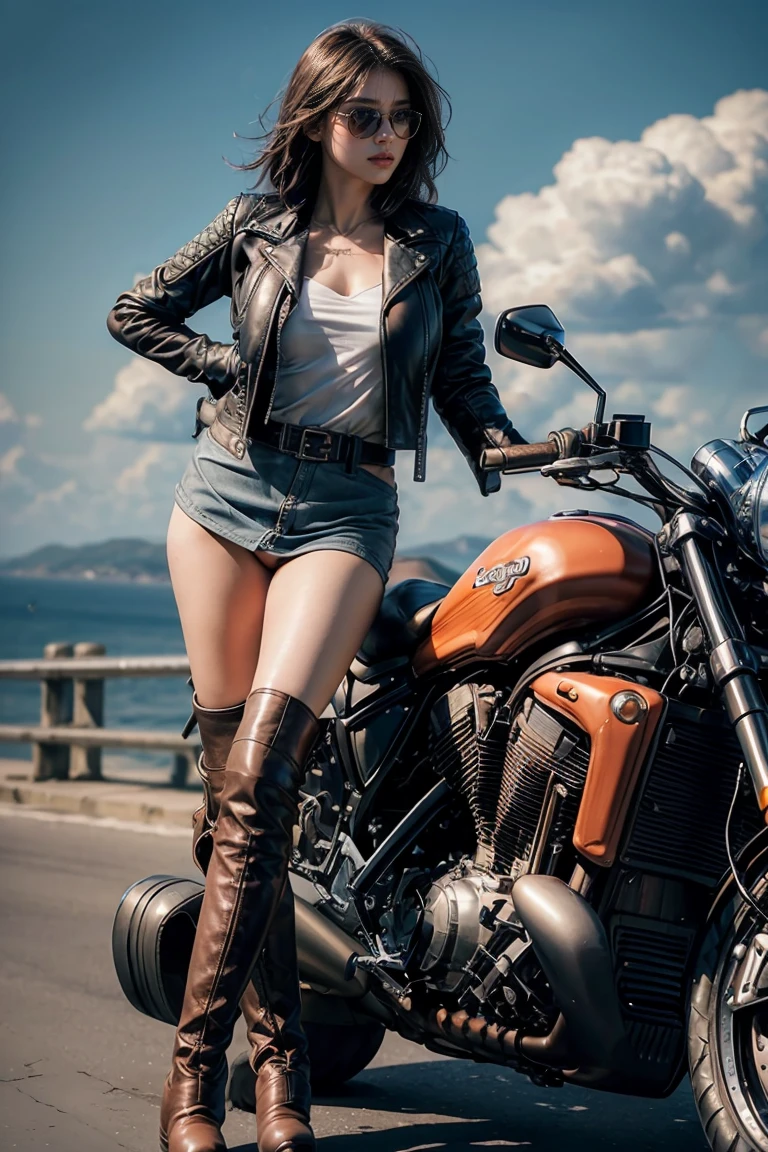 ((masterpiece,top quality,high quality)), ((High definition CG integrated 8K wallpaper)), (Huge Amazing Goddess Shot, very hot and sexy, jaw-dropping beauty, perfect proportions, beautiful body, slim body beauty:1.2)), (((bare skin in leather jacket, leather boots:1.5))), (((young, Beautiful female rider on a large motorcycle)), ((Short gloves, short boots:1. 5))), Parking lot overlooking the sea, hot summer afternoon, sweaty body, blue sky and white clouds, Portrait of a woman on a motorcycle,