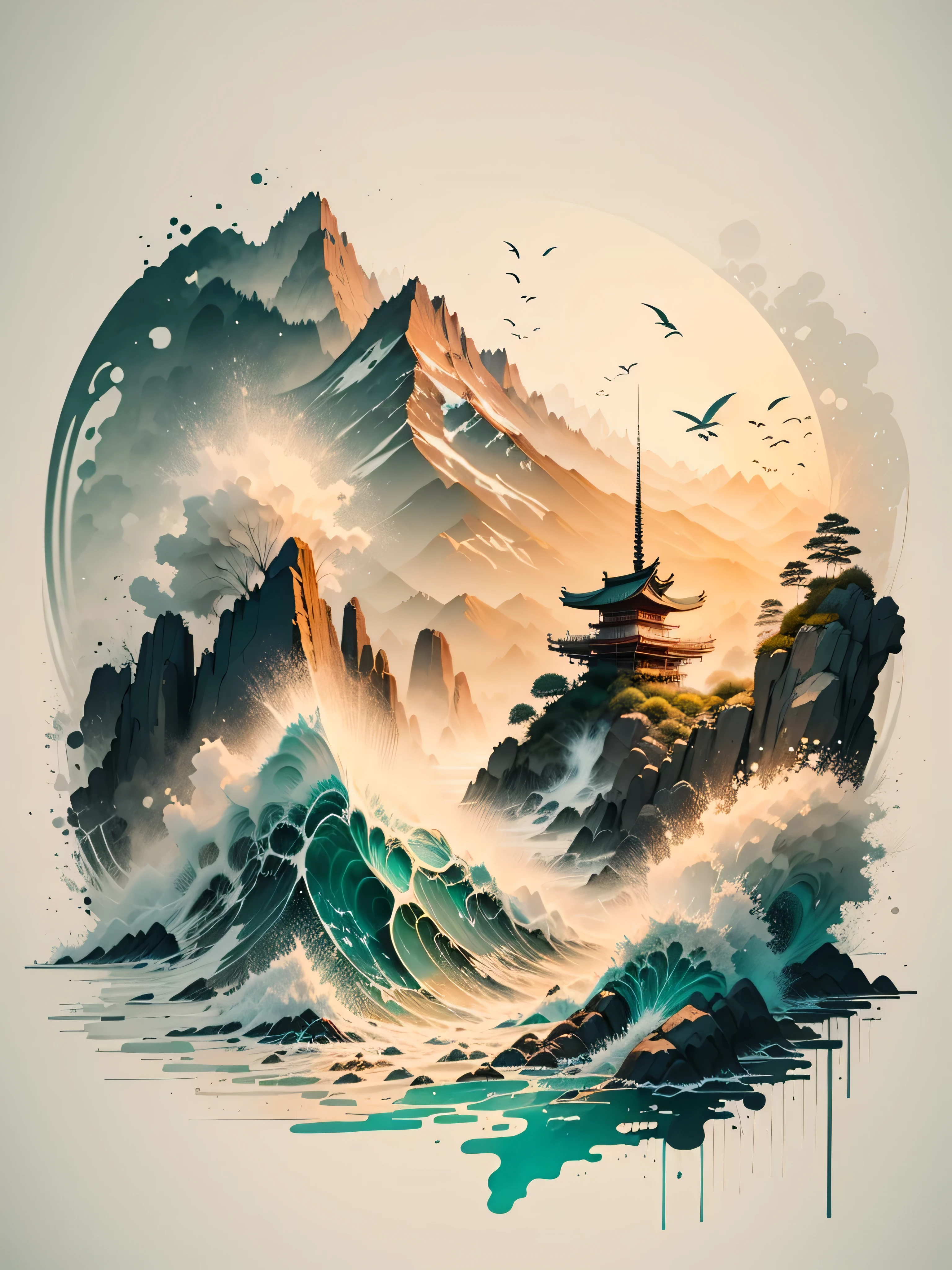 "Coastal Seascape with Vigorous Waves in Ink Style, Ukiyo-e Art"