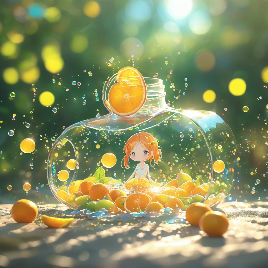 (masterpiece), (best quality), illustration, Extremely detailed, Human Development Report, Depth of Field, (rich and colorful), ,(Flowers background:1.45),(Transparent Background:1.3)(an extremely delicate and beautiful girl inside of Glass Kan:1.2), (Glass Kan:1.35),(solitary:1.2), (whole body), (Beautiful and delicate eyes, Beautiful and delicate face:1.3), (sit ), (Very long silky hair, White hair:1.15), (Comfort_Chest, tally and skinny:1.2), (rich and colorful clothes:1.3), (extremely detailed lace:0.3), (极其细致的decorate:0.3),(scarf , Orange Hair_decorate:1.25),orange jar,water surface,whole body,(Bottle filled with orange water,bottle filled with Fanta:1.25), (many Fruit in a jar, many kinds of_Fruit in a jar:1.25), (There are a lot of bubbles:1.25),