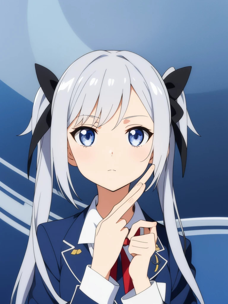 1girl, anime girl, silver hair, long twintails, silver eyes, dark blue school suit, anime wallpaper style