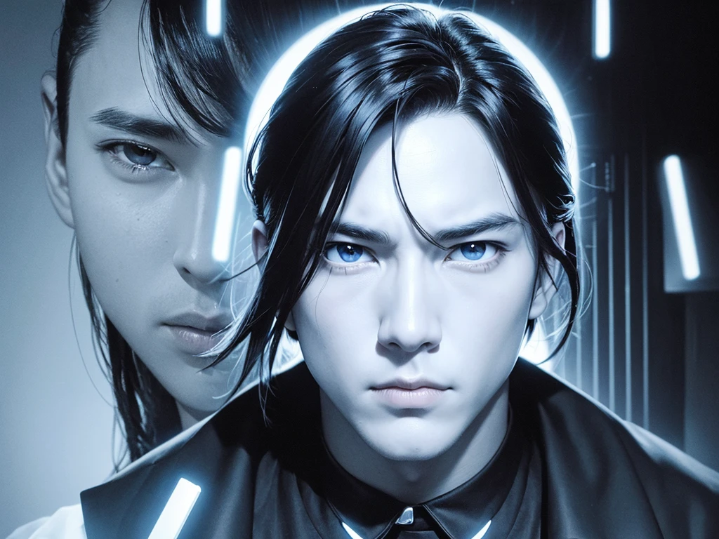 movie poster, male character in black, white and blue, in the style of yoh nagao, light-focused