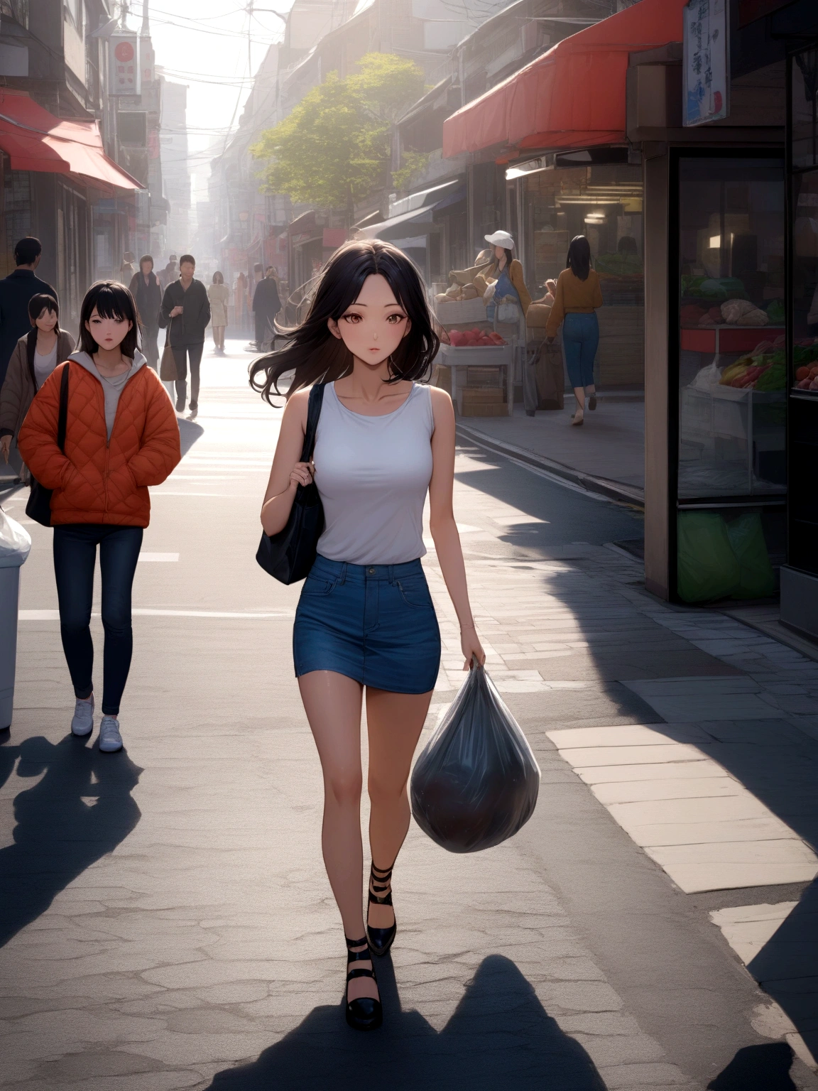 slim woman, wearing denim mini skirt, walking down the sidewalk with a bag of groceries in her hand, holding a plastic garbage bag, on the street, on the street, uhd candid photo of dirty, on a street, asian woman, stunning woman, street fashion, in a street, gorgeous lady