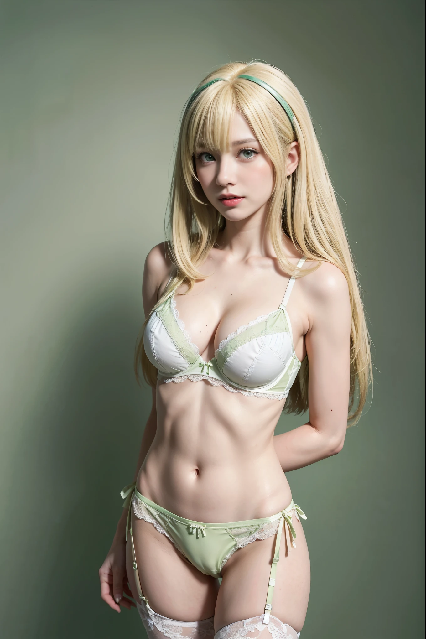 (from below:1.4),pov,pussy focus:1.3,front view,cowboy shot,(8K RAW photo,Live shooting, top quality, masterpiece:1.37),(Real,Photorealistic:1.37),Ulzzang-6500-v1.1,extreme light and shadow,(Glossy skin:1.6,shiny skin:1.3),small head:1.3,(girl in senter:1.3),20yo,Japanese idol,alone:1.6,3D,looking at viewer:1.6,perfect eyes,Detailed and beautiful eyes,beautiful eyelashes,perfect anatomy,oily skin:1.5shiny:1.3,shiny hair:1.3,BREAK ((blonde medium hair:1.2),(blonde straight hair:1.6),(hanging bangs:1.6)),(Aqours eyes),natulal make_up:0.6,thin necklace,stylish ear piercing:0.3,Layered bracelets,(grin and laugh:0.5), (Happy:0.9),huge breasts:1.3,rocket bit,underboob:1.3,BREAK (Stylish design(light green and white)Sexy Lingerie:1.6) ,BREAK (standing,legs apart),arms behind back,garter belt,zettai ryouiki,(white fishnet legwear:1.3),BREAK (camel toe:1.6),(groin:1.4),((light green background:2.0),(Single-color background:2.0)),depth of field,noise filter:1.6,Grey Film filter,lens flare,wind effects:1.1