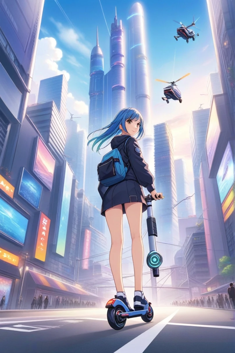 Anime artwork 2D, One Man, Electric Kickboard, Are standing, road, Ride an electric scooter around town . Anime Style, Key Visual, Near future, Studio Anime,Futuristic cityscape with flying cars and colorful skyscrapers