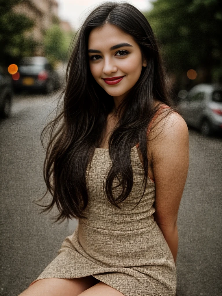 Portrait photo of a attractive woman 20 y.o., Fair Skin, long black Hair, hazel Eyes, [[Curved Nose]], Thick Lips, Round Chin, Instagram model, cheerful smile, mini  dress, Masterpiece, hi res, 8k, award winning, RAW photo, high quality, 35mm photograph, film grain, bokeh, professional, 4k, highly detailed,
