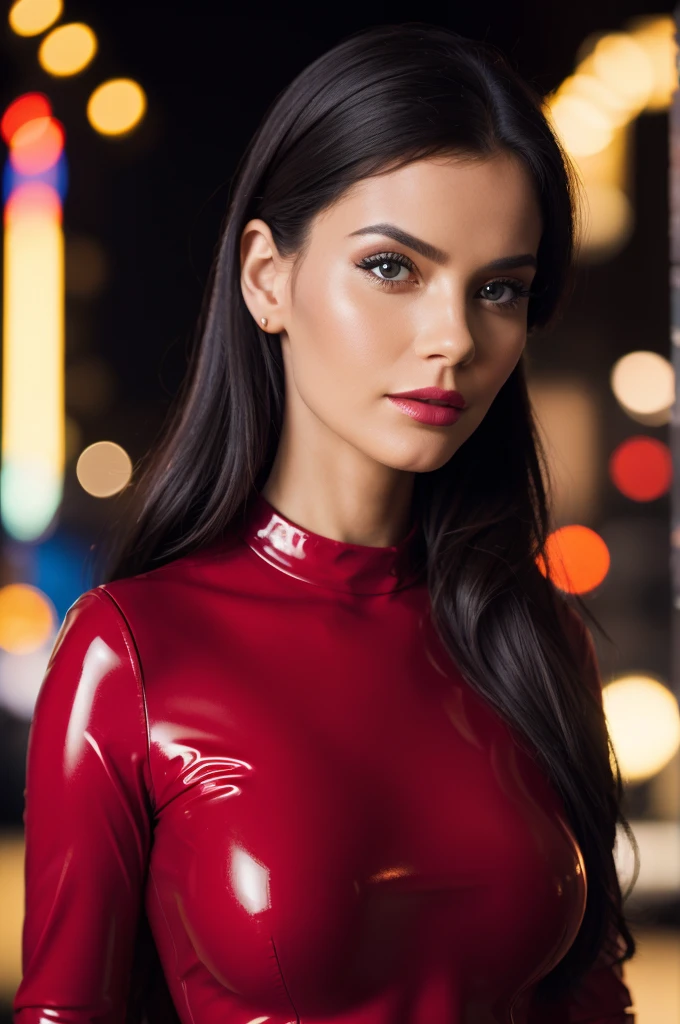 A woman wearing a red latex top dress, black latex leggings, best quality, 4k, 8k, highres, masterpiece:1.2, ultra-detailed, realistic, photorealistic, photo-realistic:1.37, HDR, UHD, studio lighting, ultra-fine painting, sharp focus, physically-based rendering, extreme detail description, professional, vivid colors, bokeh, portrait, fashion photography