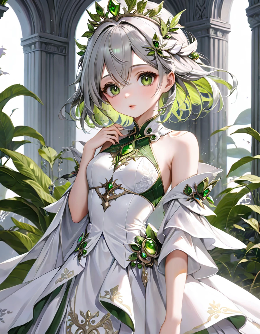 The best AI image creator、1 beautiful girl、Big round eyes、alone、Realistic,lips,Tabletop,Highest quality,Excellent anatomy,Skin Texture、White Background、Small breasts、Gray Hair、White Dress、Fantasy art style, Palace-like 、 green. Fine hair, Beautiful fantasy art portraits, Highly detailed digital art in 4K, Beautiful Fantasy Empress, Gweiz-style artwork, ((Beautiful Fantasy Empress)), 8k high quality detailed art, Beautiful anime portraits