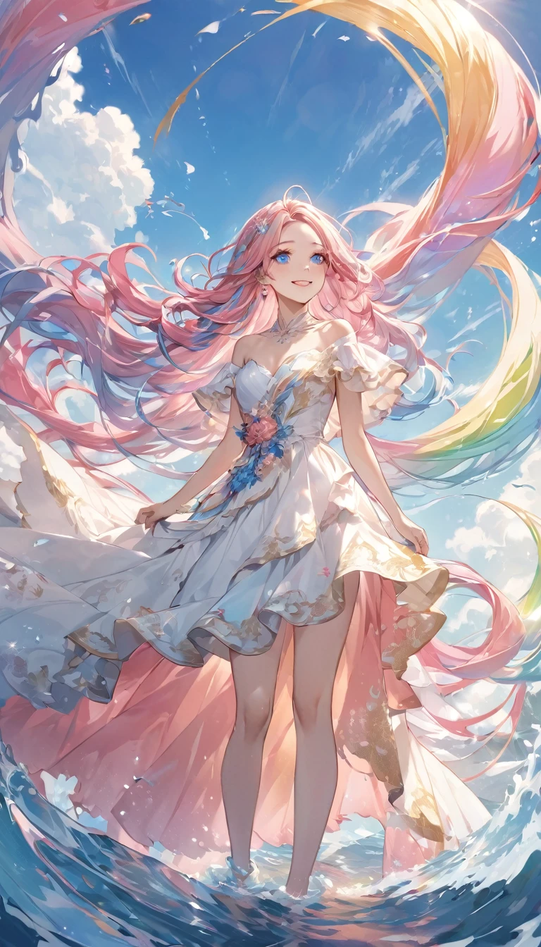 Stunning portrait of a 17-year-old girl with rainbow hair, Blue and pink mix, Under the bright sky on a sunny summer day、The breathtaking views unfold。Half blue and half pink、Colorful Girl, Flowing Hair、Standing with a captivating smile。Long curls cascading down like golden waves、Bright sky blue eye frames。Red and black repair dress 1.Wearing a voluminous 2m skirt、Captivate the audience with elegance。The dress was torn in many places、It will be clear