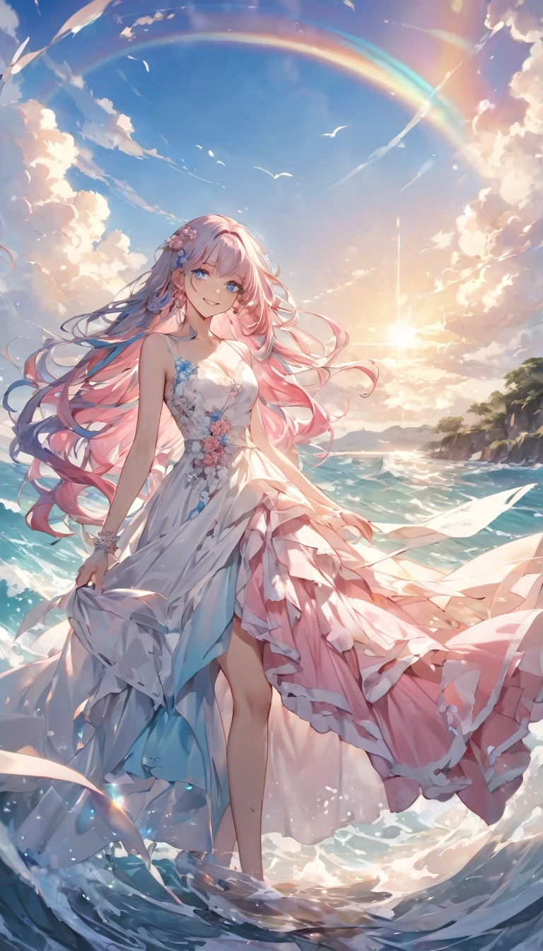 Stunning portrait of a 17-year-old girl with rainbow hair, Blue and pink mix, Under the bright sky on a sunny summer day、The breathtaking views unfold。Half blue and half pink、Colorful Girl, Flowing Hair、Standing with a captivating smile。Long curls cascading down like golden waves、Bright sky blue eye frames。Red and black repair dress 1.Wearing a voluminous 2m skirt、Captivate the audience with elegance。The dress was torn in many places、It will be clear