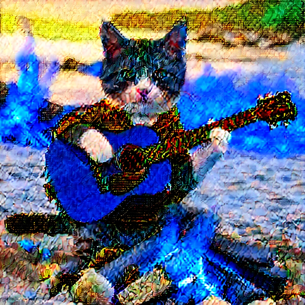 A cartoon cat playing the guitar at a beach bonfire