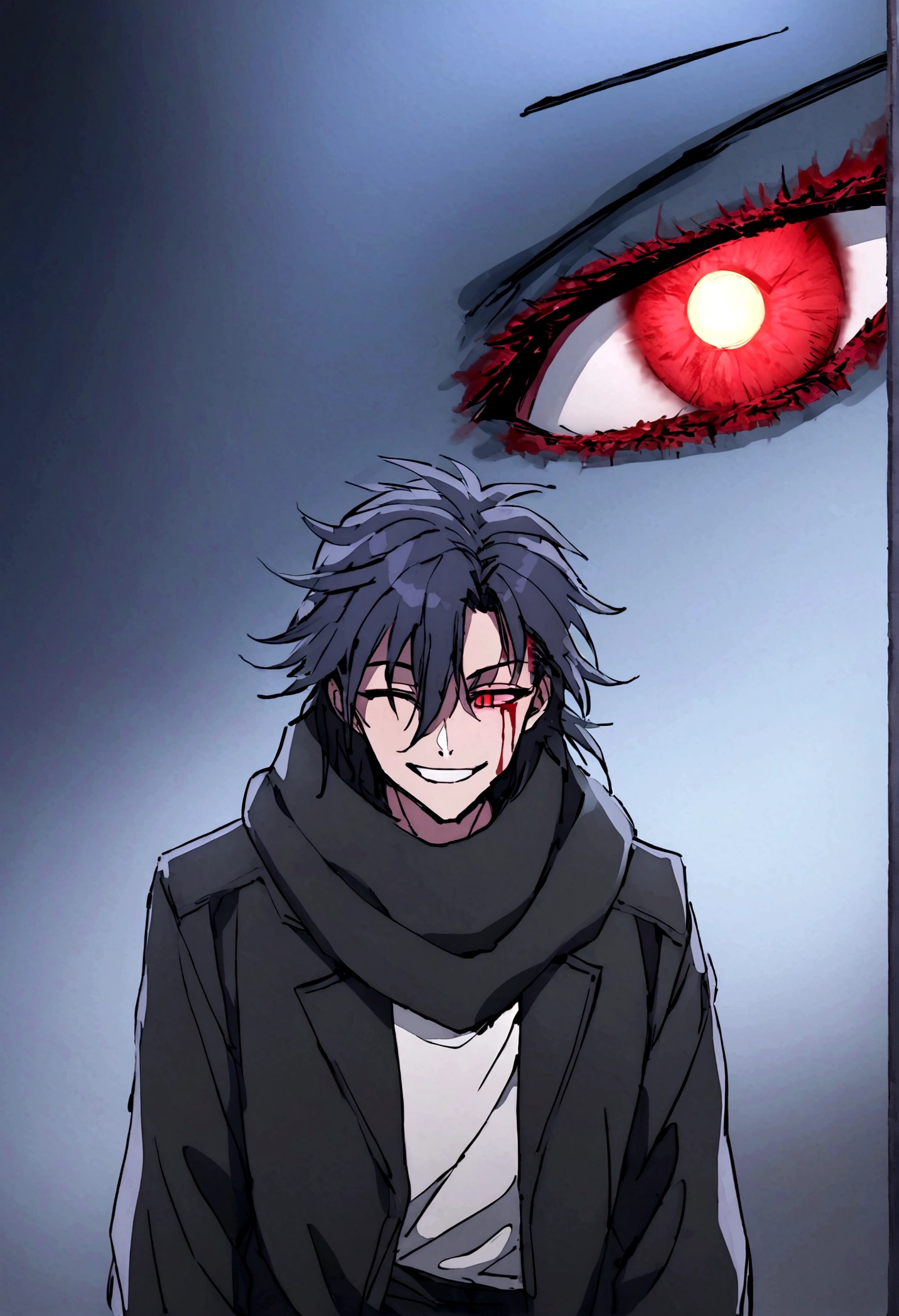 Anime man, psychopathic smile, blood stain on black winter faux fur black jacket clothing, black pants, black mega long scarf, black messy hair, hair bun, closed right eye, opened left glowing red eye, psychopathic face, white shirt with blood stains, terrifying will to commit malice, dark eary area