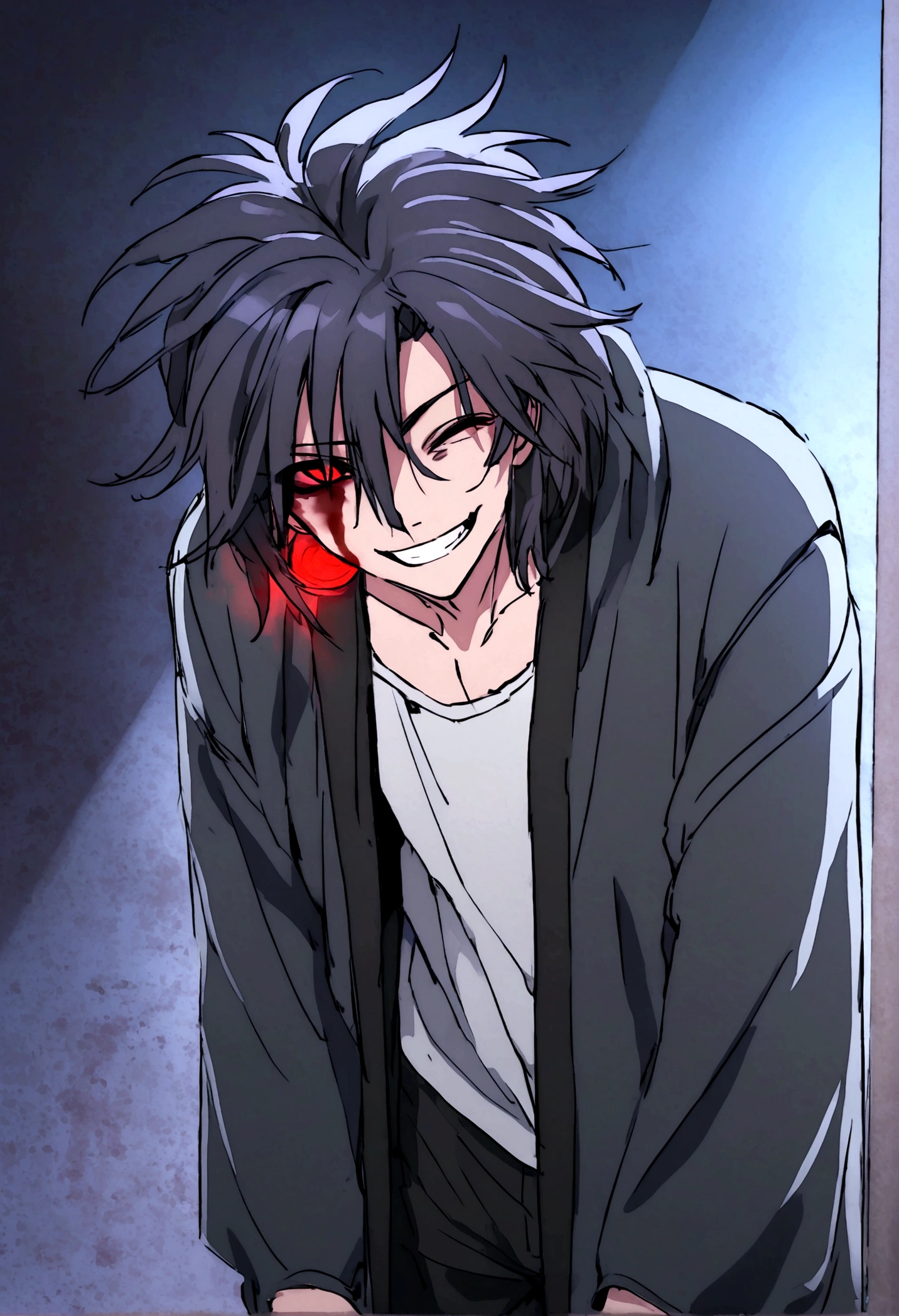 Anime man, psychopathic smile, blood stain on black winter faux fur black jacket clothing, black pants, black mega long scarf, black messy hair, hair bun, closed right eye, opened left glowing red eye, psychopathic face, white shirt with blood stains, terrifying will to commit malice, dark eary area