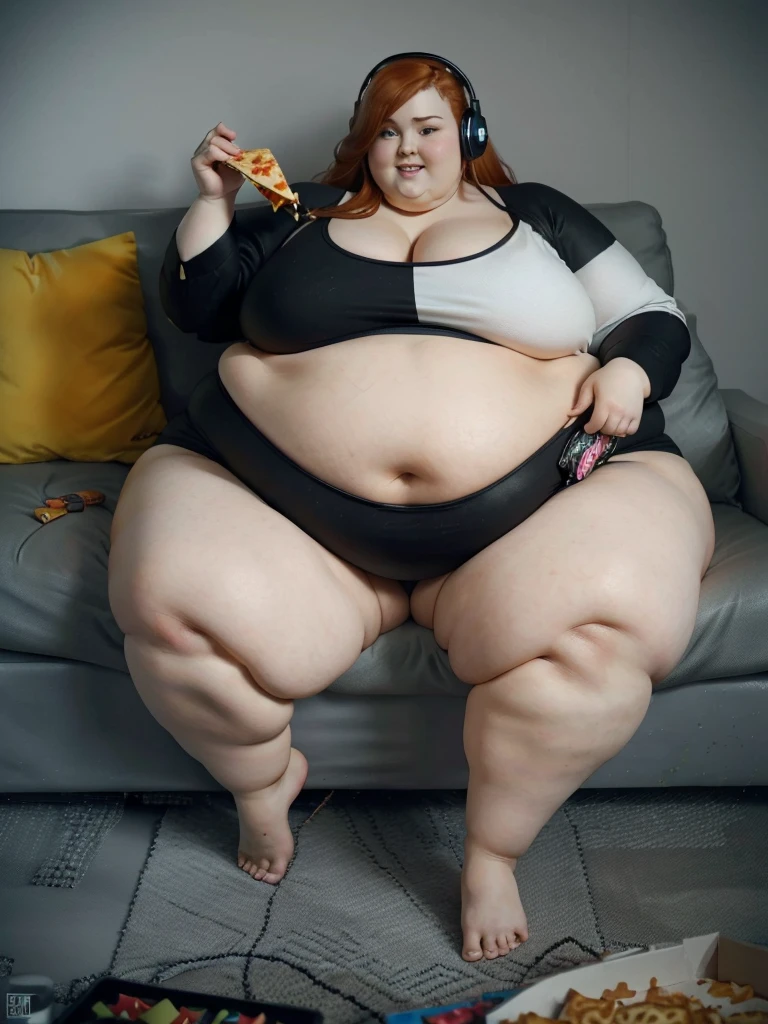 A happy Gamer photo of a young beautiful bottom heavy Gamer redhead ssbbw with pear-bodyhape, extreme wide hips, with long ginger hair soft fat belly, extremely wide fat obese hips, very obese legs, thick fat wide legs and fat arms, huge wide butt, cute pretty face, fat saggy breasts, in comfortable gamer clothes, Wearing a headphone on her head, sitting on a couch eating a lot of snacks, there is a pizza and a lot of snacks next to her on the couch, barefoot on a fluffy carpet