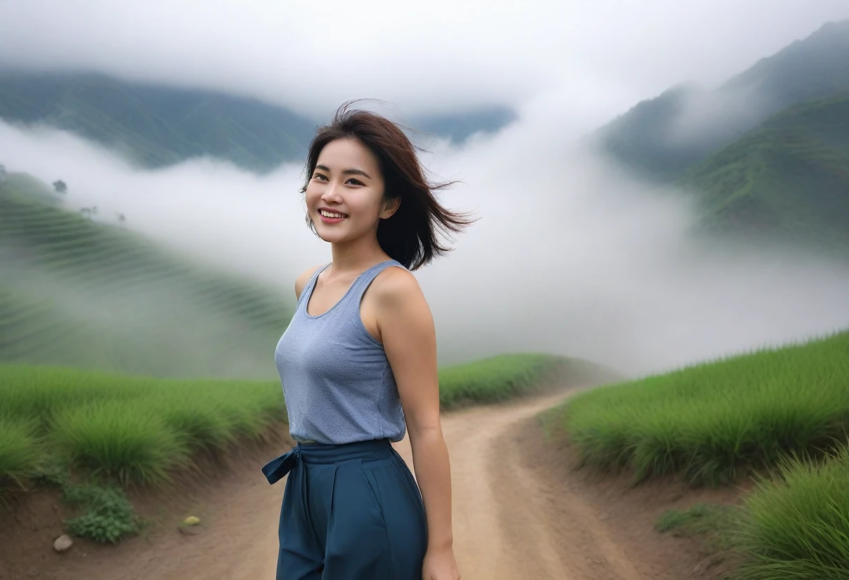 Beautiful Korean Woman, Chest size 34 inches, Wearing high-end luxury brand sleeveless and high-quality casual pants., Foggy scenery of Sapa, Vietnam, I can see the trail, Short and medium hair blowing in the wind, Taken from a distance with a wide angle lens, Realistic living landscape, Front photo facing the camera, best picture quality, Short medium hair blowing in the wind, smile brightly, A thick fog obscures the front, Standing on a very narrow mountain path, Slightly medium hair blowing in the wind, , hair blowing in the wind