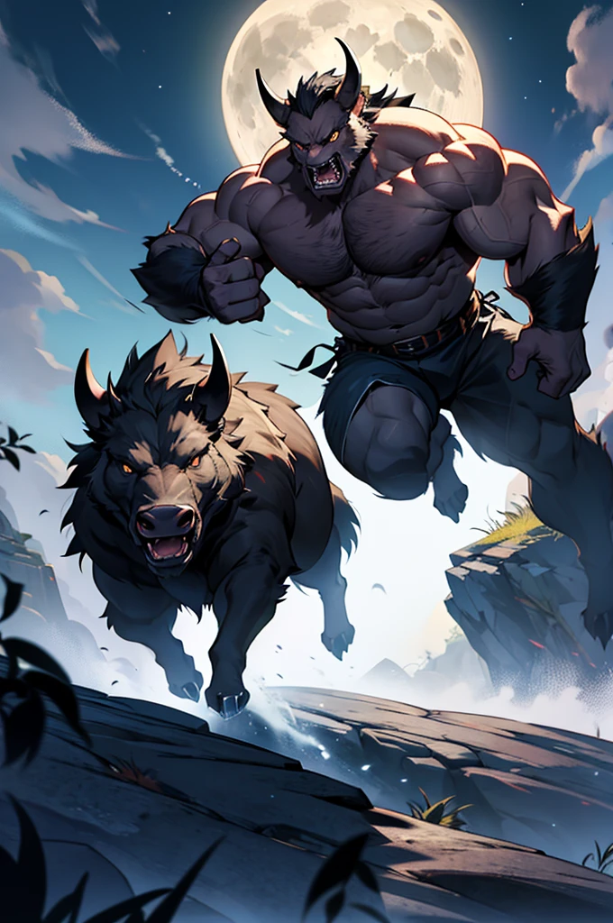 wild boar monster, muscular monster, roar and run, Full body showing, Moonlit night, dynamic posture, large horn tooth, fat body type,