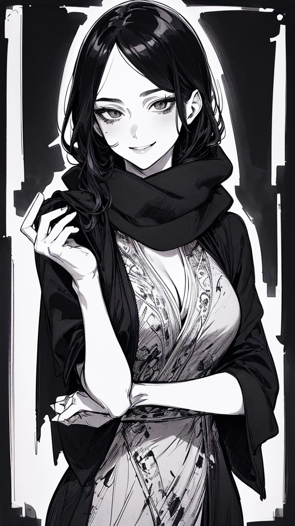 Top quality, (background details), high contrast, one very beautiful woman, detailed original illustration, functional, delicate face, ninja, ninja costume, black hair, scarf, face hidden by hand towel, charming, bad girl, sexy, real breasts, crazy smile, crazy eyes, black robe, black background, (black background: 1. 5 ), beautiful line drawing, monochrome