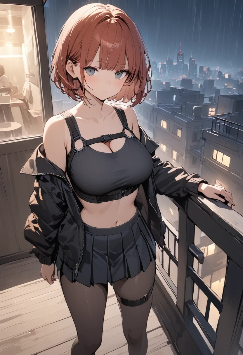 masterpiece,best quality:1.2,absurdres,1girl,solo,short red hair,(elderly girl:1.2),(young woman:1.1),short hair, short red hair,left eye blue right eye yellow ,open sexy clothes, black skirt, Black stockings, long sleeves, chest harness, black shirt, crop top, miniskirt, Shoes, O-Ring, midriff, off shoulder, big breasts, thigh strap, pleated skirt, balcony,in the balcony,standing in the balcony, tenement,apartment, apartment balcony,(slice of life:1.6),(looking outside:1.3),half body,looking away,from outside,cyberpunk:1.4,metropolis,neon lights,cityscape,scifi,night,at midnight,fog:1.2,mist:1.2,expressionless,eexpr,depth of field,black pantyhose,realistic, rain storm