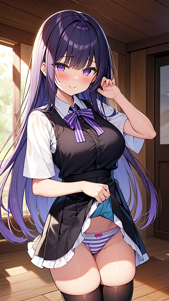 最high quality, high quality, Super detailed, 16K, Ultra-detailed details, pretty girl, alone, beautiful purple hair, Beautiful purple eyes, Big Breasts, A light smile, 赤い目, Summer clothes, Summer Maid clothes, I'm lifting my skirt, Blue and white color striped underwear(Showing her underwear under her skirt), Black knee socks, My crotch is wet with love juice, 18歳,かわいい, {{The master steals the face and voice of the girl he likes, then lifts up her skirt with the girl's face and voice to seduce the master.}}, ((Full body image:1.3)), NSFW