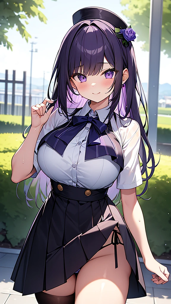 最high quality, high quality, Super detailed, 16K, Ultra-detailed details, pretty girl, alone, beautiful purple hair, Beautiful purple eyes, Big Breasts, A light smile, 赤い目, Summer clothes, Summer Maid clothes, I'm lifting my skirt, Blue and white color striped underwear(Showing her underwear under her skirt), Black knee socks, My crotch is wet with love juice, 18歳,かわいい, {{The master steals the face and voice of the girl he likes, then lifts up her skirt with the girl&#39;s face and voice to seduce the master.}}, ((Full body image:1.3)), NSFW