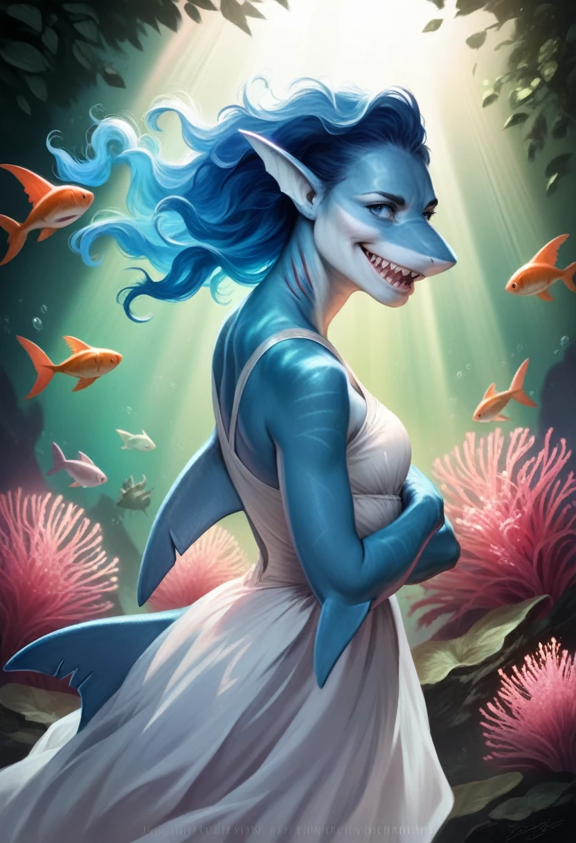 a beautiful elegant girl with sharp shark teeth, beautiful long wavy blue hair, glowing blue eyes, shark-like fins on her back, wearing a flowing blue and white dress, in a magical underwater fantasy scene with colorful coral, schools of tropical fish, rays and other sea creatures, (best quality,4k,8k,highres,masterpiece:1.2),ultra-detailed,(realistic,photorealistic,photo-realistic:1.37),fantasy,concept art,vibrant colors,dramatic lighting,cinematic,ethereal