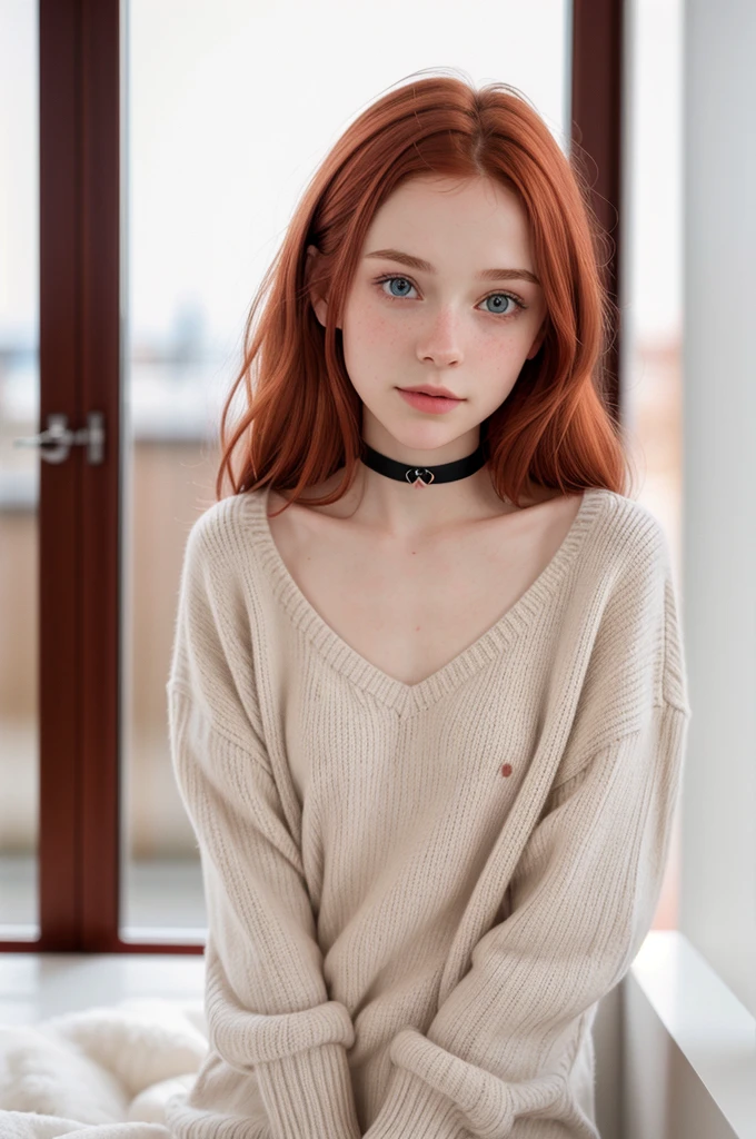 raw photo,(13yo skinny redhead girl:1.2), cheek dimples, blushing, graphic eyeliner, rouge, (lipstick:0.6), (choker:0.9), realistic skin texture, oversize knit sweater, (red:0.8), softcore, warm lighting, cosy atmosphere, instagram style, nsfw , naive, shy, short, thin, fit, beautiful, cute, pale skin
