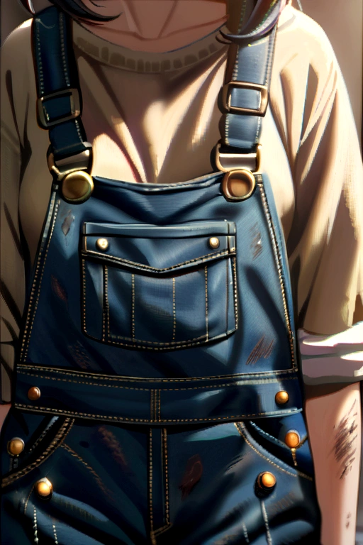 girl shit in her overalls. A lot of shit is on her overalls and her overalls is very messy and dirty.