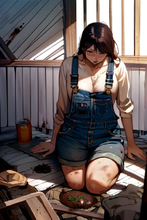 girl shit in her overalls. A lot of shit is on her overalls and her overalls is very messy and dirty.
