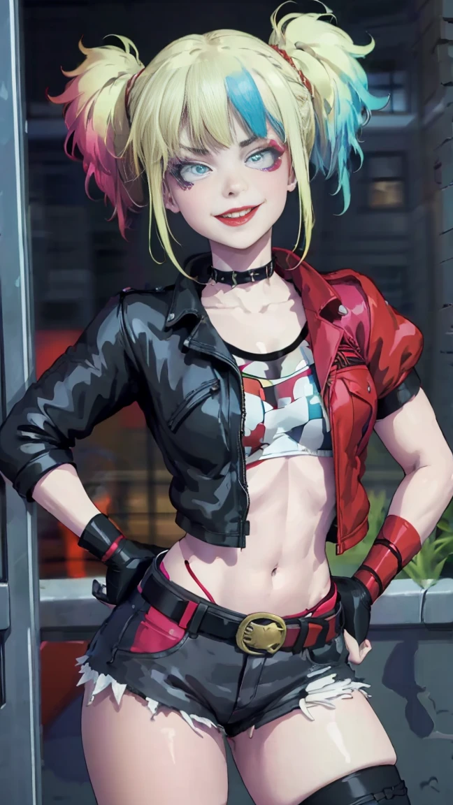 masterpiece, Best quality, A high resolution, 1 girl, hair braided in two short ponytails, very detailed eyes, Fine detail, Correct anatomy 1.1., Harley Quinn from Suicide Squad, open jacket with short sleeves shorts studded belt mesh belt chain gloves bracelet hand on hip, smile, woman, adult girl, real photos、smile, tmasterpiece, (pink kimono), seductive face, Ideal girl, perfect details, Ultra HD |, 8 k, professional photo, anime style,