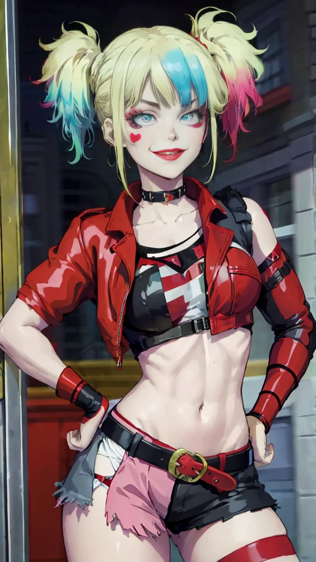 masterpiece, Best quality, A high resolution, 1 girl, hair braided in two short ponytails, very detailed eyes, Fine detail, Correct anatomy 1.1., Harley Quinn from Suicide Squad, open jacket with short sleeves shorts studded belt mesh belt chain gloves bracelet hand on hip, smile, woman, adult girl, real photos、smile, tmasterpiece, (pink kimono), seductive face, Ideal girl, perfect details, Ultra HD |, 8 k, professional photo, anime style,