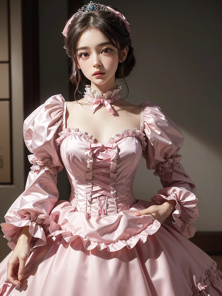 ,highest quality, ​masterpiece, highest resolution, artwork, super それにto get used to something, many to get used to something, to get used to something, それにto get used to something, 3K realistic photos,,((25 year old lesbian women)),Super Detailed Face,both are princesses,detailed luxury tiara,Floor-length ball gown with crinoline,Ruffle collar,Detailed braided band on the chest,puff,long sleeve,((Pink Lolita style princess satin dress、Comes with lots of ruffles and ribbons。)),crazy&#39;colorful fashion,shiny silk satin dress,soft and smooth silk satin fabric,luxury,very long blonde hair,blue eyes,white skin European,Pyjama,((In the palace)),Princess dances happily,beautiful flowing dress,fine white ruffles and lace,super long hair, that is as long as your body,white long socks,Drawers with lots of bells and whistles,Castle bedroom at night,Superlanges, flowing hair,on bed,豪華な天蓋付きon bed,巨大な広いon bed,Pink pillow with lots of ruffles,Pink silk satin curtains with luxurious ruffles and ribbons surround the bed,Prinzessin sitzt on bed,Pillows stacked behind the princess,A princess leans on a pile of pillows,Long hair scattered like a fan on bed, a woman kisses the breast of another woman, Kiss, a woman kisses the other woman&#39;s nakjen,lesbian woman,big ,big breasts