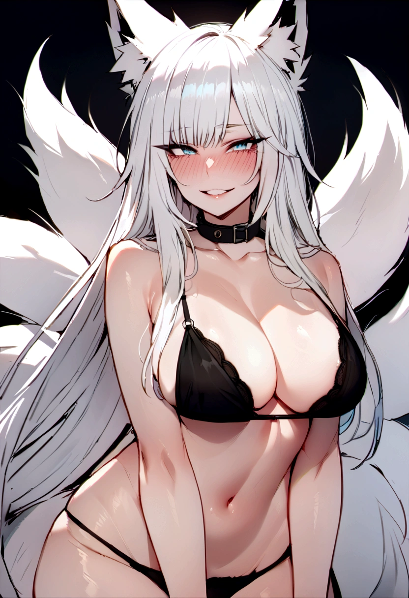 masterpiece, best quality, kitsune 1girl, solo, beautiful kitsune woman, fox ears, bangs, white hair, very long hair, blue eyes, deep blush, grin, large breasts, black dog collar, black bra, black panties, 5 white fox tails, white hair, cowboyshot, looking at viewer,