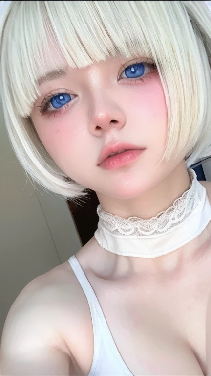 Beautiful and fair、Glowing Skin, 3 Up, nice, bright, Refreshing and gentle look, Perfect beautiful face、White short hair,Beautiful shiny bangs, Very beautiful 17 year old girl, eyeliner, So perfect and beautiful、Lovely large, clear, sky-blue eyes,Very large breasts,The original skin is visible through the grooveuscular body