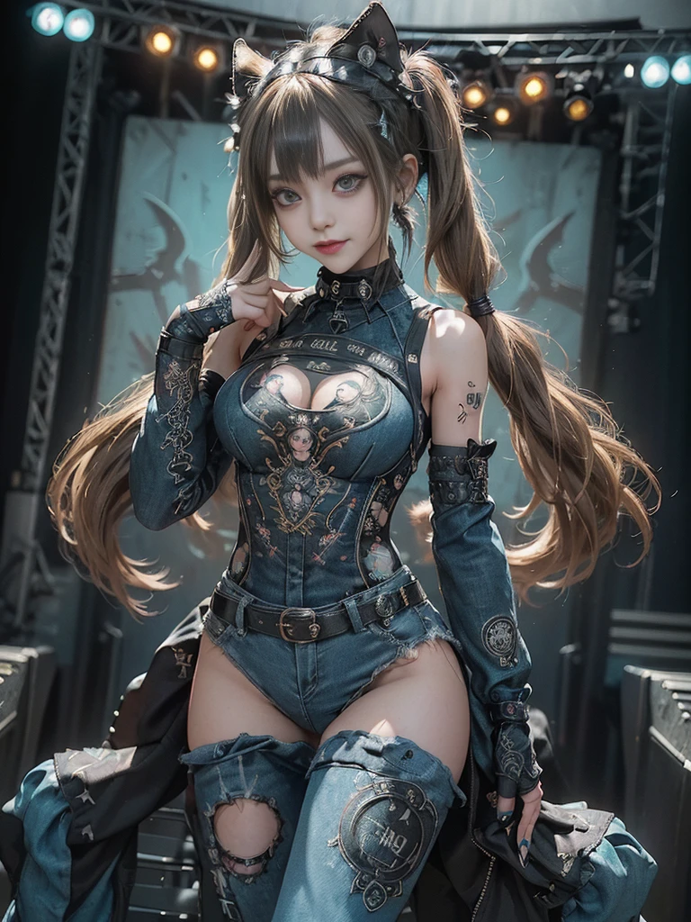 (Full Body View:1.4)、(Full body:1.3)、(Smiling with teeth showing:1.4),(Shibuya Gal:1.5)、(Gothic Lolita style fashion:1.5)、(Punk RockVisual Kei:1.5)、(Wearing a rhythmic gymnastics bodysuit with intricate details:1.4)、(Racing suit and pants with intricate turquoise, denim and charcoal decorations:1.5)、(Denim and light blue and turquoise boots:1.3)、((belt))、(Numerous delicate logo marks all over the costume:1.4)、(collar:1.3)、(Polka dot underwear:1.5)、20-year-old、NSFW、((Highest quality、In 8K、masterpiece:1.3))、Sharp focus:1.2、(Layered Cut、Huge boobs:1.1),Beautiful woman with perfect figure:1.4、(do a gravure pose:1.3)、Slender Abs:1.2、Highly detailed face and skin texture、Detailed eyes、double eyelid,(Twin tails:1.3)、(Brown-golden hair:1.3)、Gravure idol、(The background is the stage of the fashion show:1.3)、(Slim body:1.3),(Make your legs thinner:1.4),(clavicle:1.1)