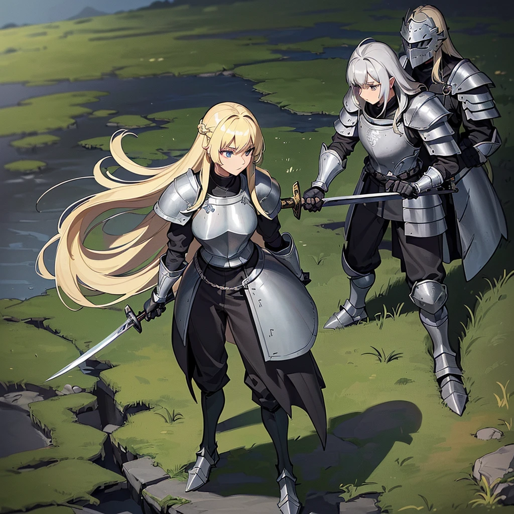 Best illustrations、Best Quality、(Full body character concept、detailed)、(((Simple grey armor、Black trousers、Black gloves、woman、18-year-old、Blonde、Long Hair)))、(((Grab the sword、Get Ready)))、(10 medieval knights)、(From above at an angle)、(Swamp、赤いSwamp)