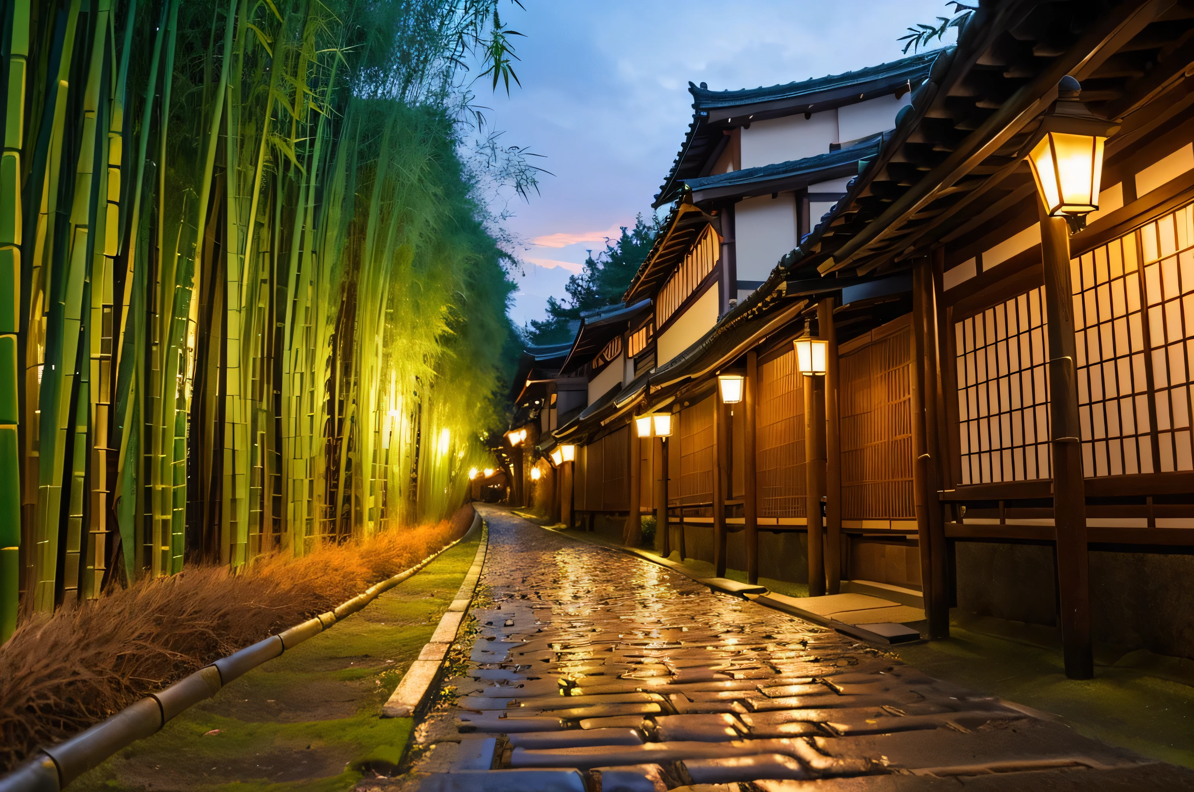 Bamboo grove road in Kyoto, cobblestone path leading to the back, bamboo grove lit by the setting sun, beautiful bamboo grove, wet cobblestones, after rain