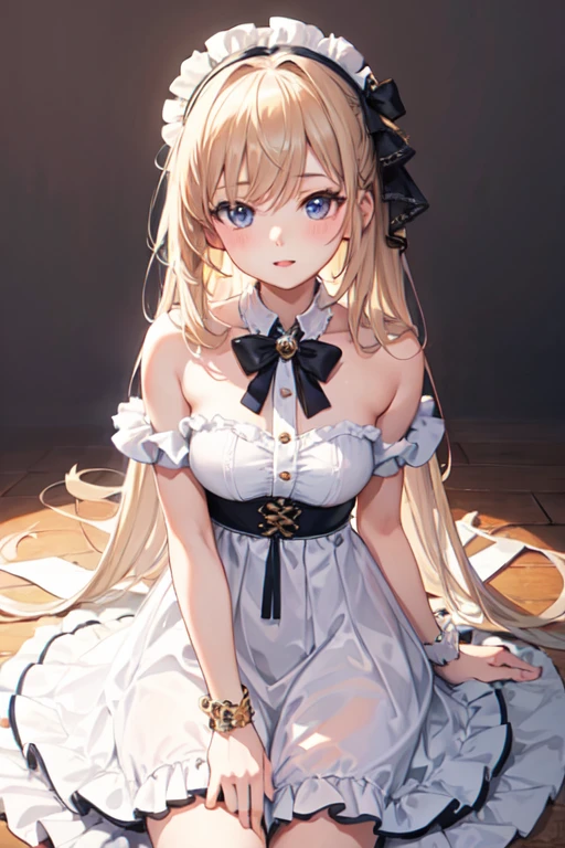 ((Highest quality)), ((masterpiece)), (detailed), One girl, sexly，Young girl，Beautiful girls，18 year old girl，Beautiful Eyes，blue eyes，Well-balanced body line，Thin arms，Thin legs，Beautiful fingers，White skin，Beautiful Skin，Curved waist，Russian girls，Beautiful blonde hair，Flexible hair，Long Hair，White shirt，Red ribbon around neck，Black Mini Skirt，White socks，Black Loafers，Big Breasts，blush，Mouth half open，Embarrassed expression，Expressions of ecstasy，Moist eyes，Are standing，Look straight ahead，Eyes pleading for something，Twin tails，Knee socks，whole body，White panties，The shirt is unbuttoned，Cleavage，A girl&#39;s skirt reveals her panties，Shyness，Love juices flowing down her thighs