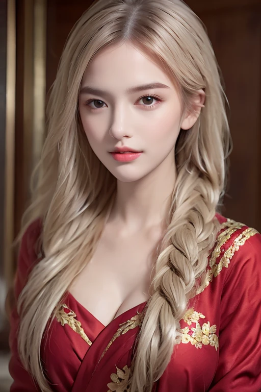 ((You are a beautiful woman.)), Whole body, Scenery of ancient Chinese houses, Evening, red mouth, High nose, big breasts, Fei Yu_robes, red cloth, Gold Embroidery, black embroidered gold, blonde hair, high ponytail,braid, depth of field, สาวสวยกับdetailsที่สวยงาม, European face, ดวงตาและใบหน้าที่Very detailed,robesdetailsมาก, The resolution is incredibly ridiculous., hugeFilesize, ไฮเปอร์details, High resolution, Very detailed, best quality, Masterpiece, The resolution is incredibly ridiculous., illustration, มีdetailsและสวยงามเป็นพิเศษ,official art, Very detailed, CG, unity, 8k wallpaper, Surprisingly, details, Masterpiece, Highest quality,Standing position, วอลล์เปเปอร์ CG unity 8k ที่มีdetailsมาก(Perfect shiny skin:0.6)Best shots)), ((Masterpiece)), (details),